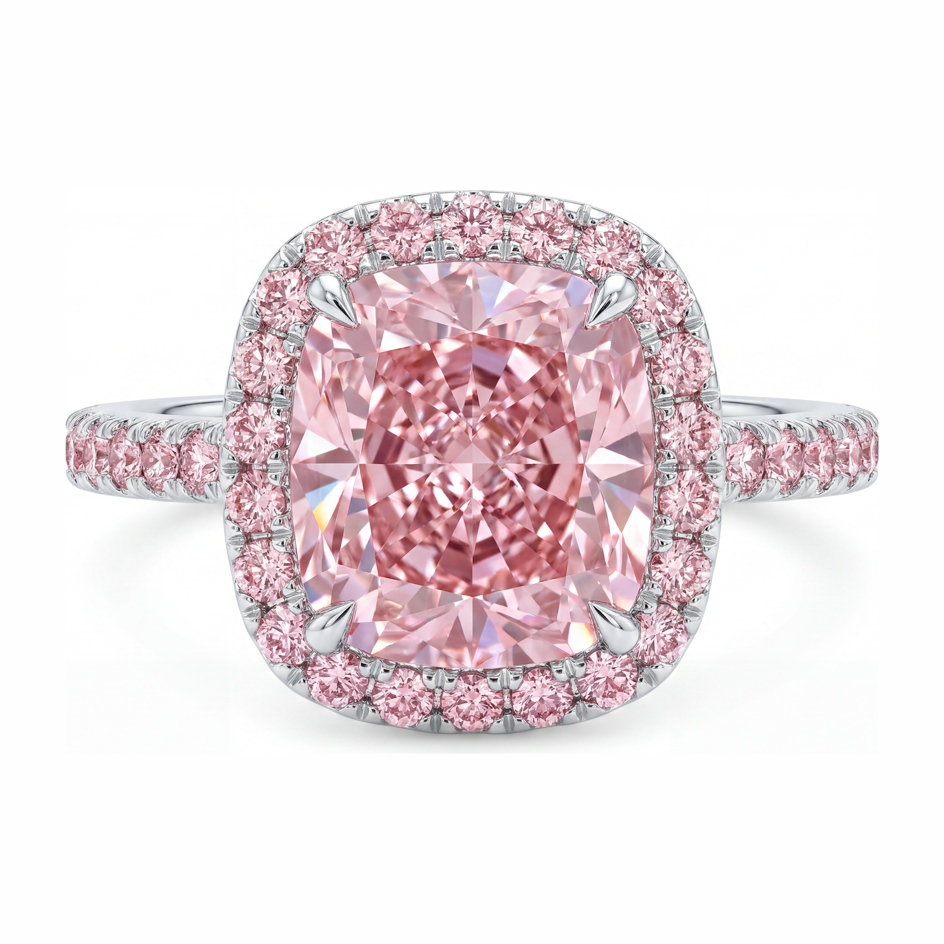 6 Carat Cushion Pink Lab Grown Diamond and White Diamond Halo Ring 14K White Gold