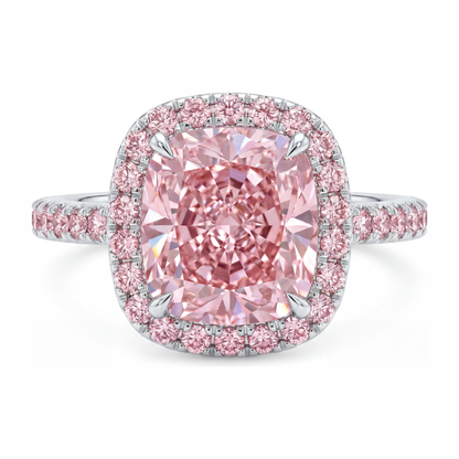 6 Carat Cushion Pink Lab Grown Diamond and White Diamond Halo Ring 14K White Gold