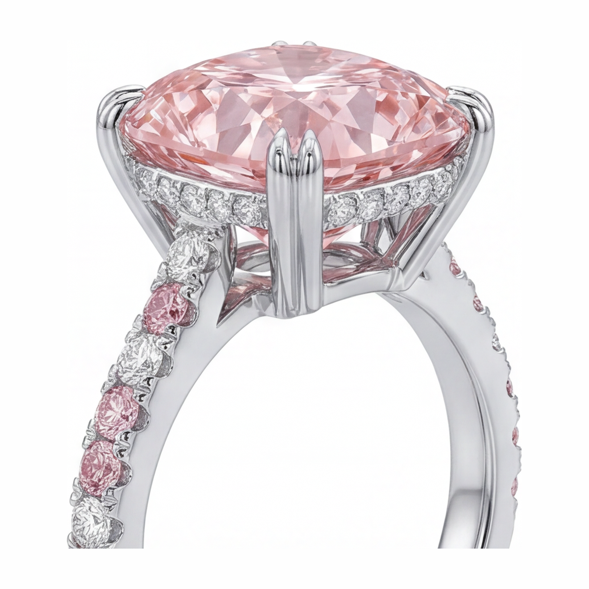 6 Carat Cushion Pink Lab Grown Diamond and White Diamond Pave Ring 14K White Gold
