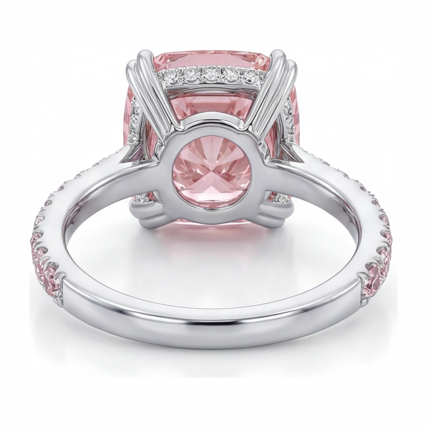 6 Carat Cushion Pink Lab Grown Diamond and White Diamond Pave Ring 14K White Gold