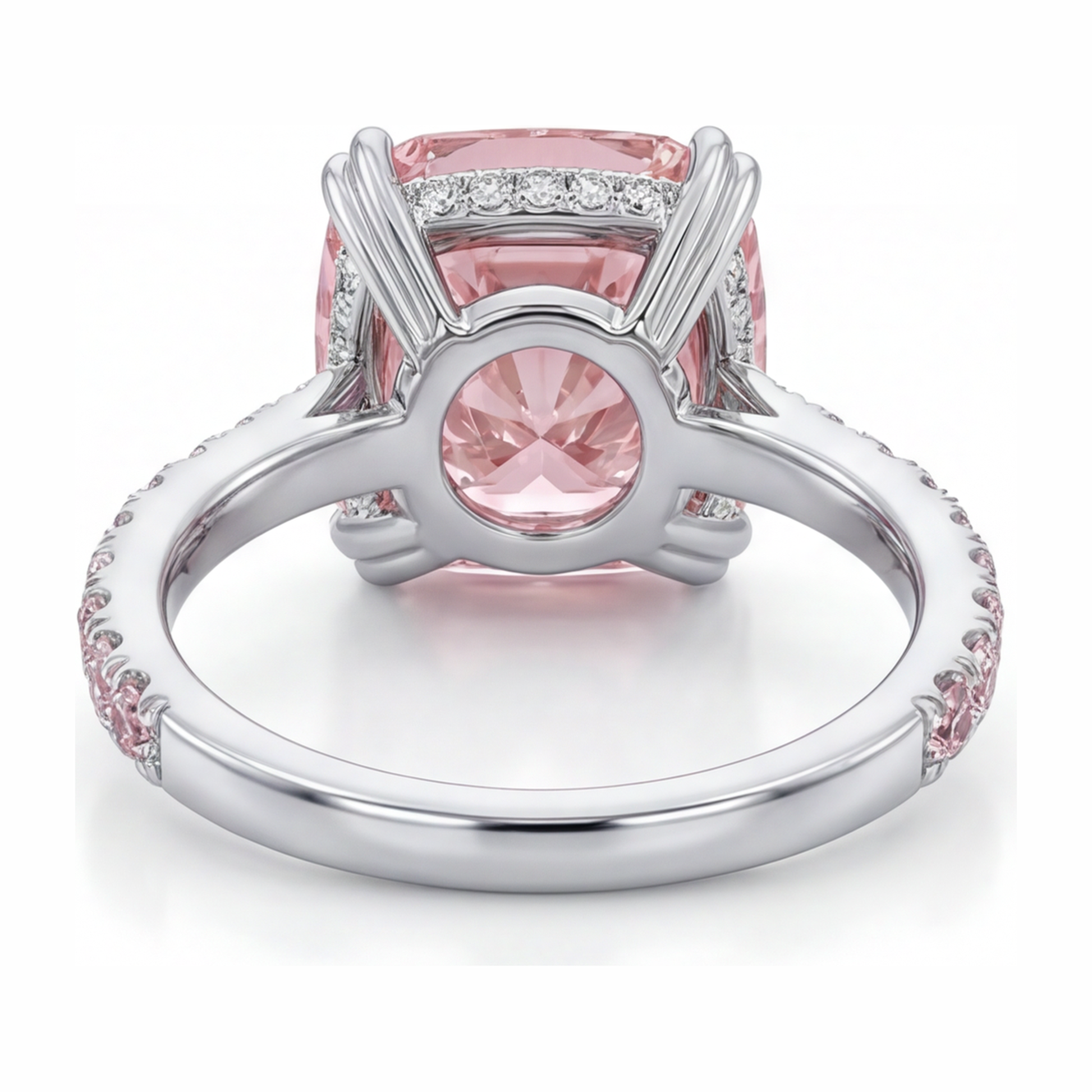 6 Carat Cushion Pink Lab Grown Diamond and White Diamond Pave Ring 14K White Gold