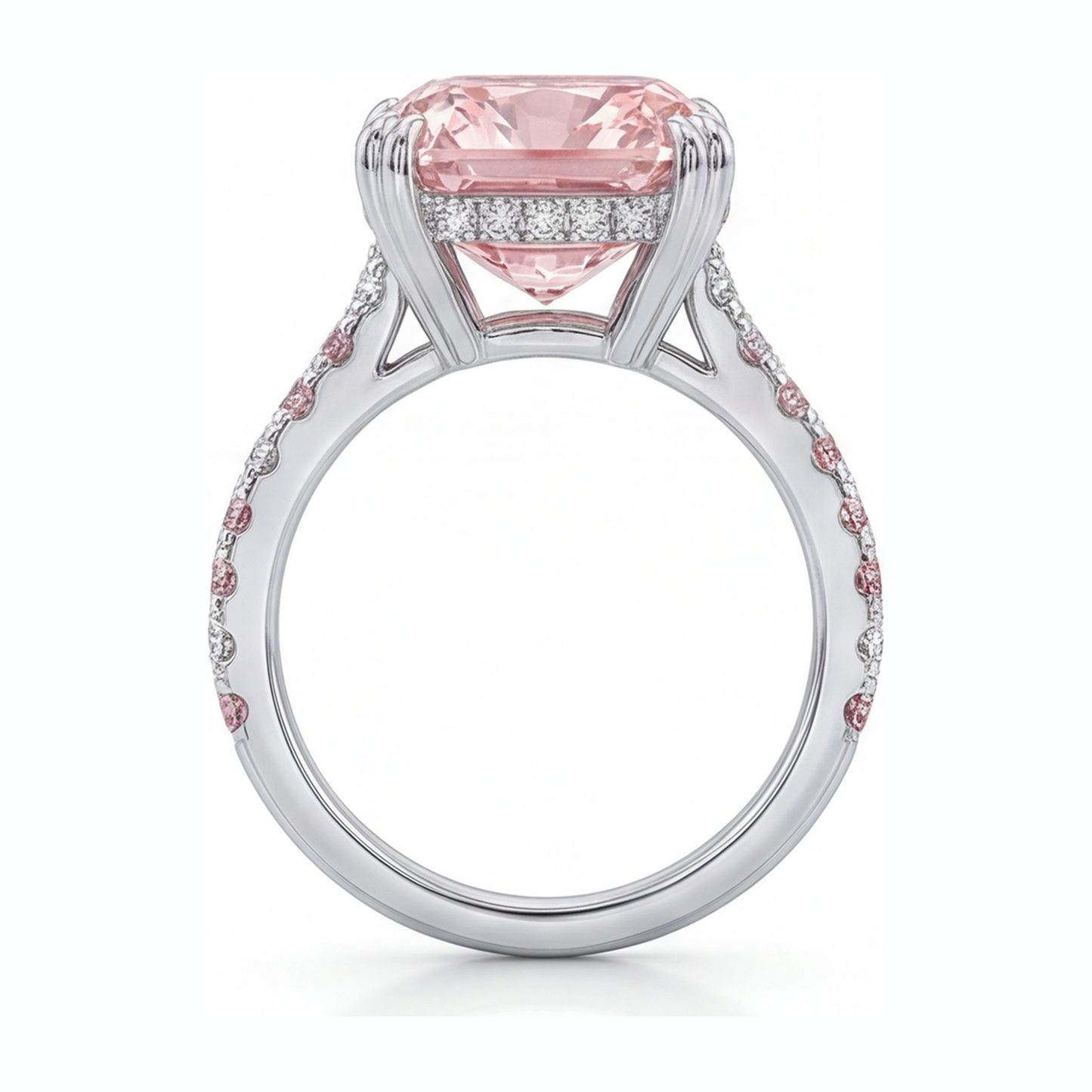 6 Carat Cushion Pink Lab Grown Diamond and White Diamond Pave Ring 14K White Gold