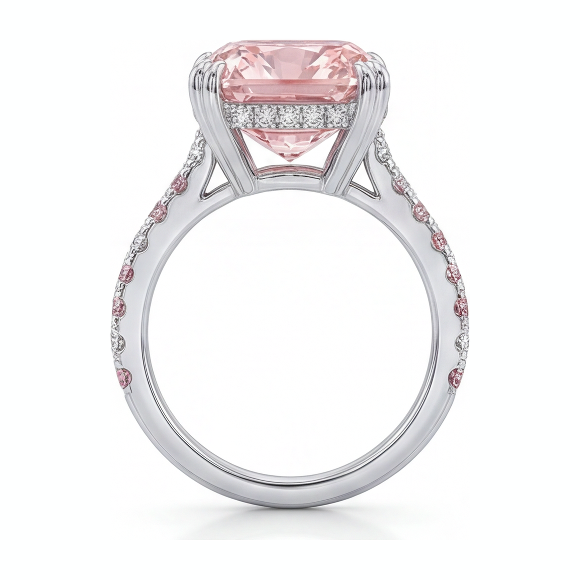 6 Carat Cushion Pink Lab Grown Diamond and White Diamond Pave Ring 14K White Gold