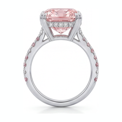 6 Carat Cushion Pink Lab Grown Diamond and White Diamond Pave Ring 14K White Gold