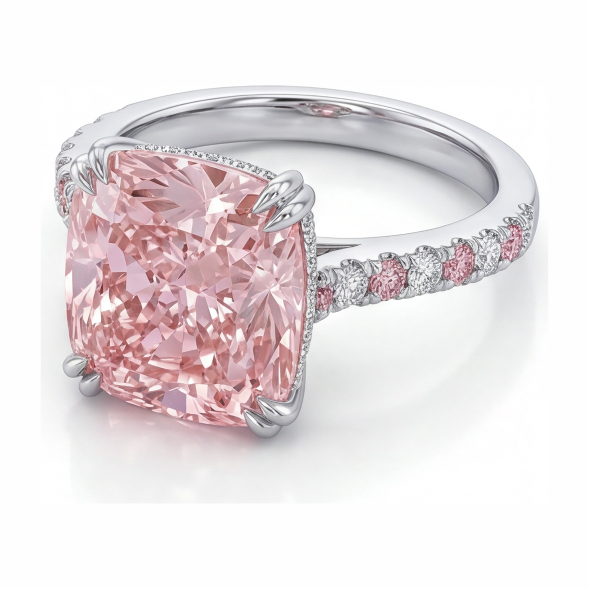 6 Carat Cushion Pink Lab Grown Diamond and White Diamond Pave Ring 14K White Gold
