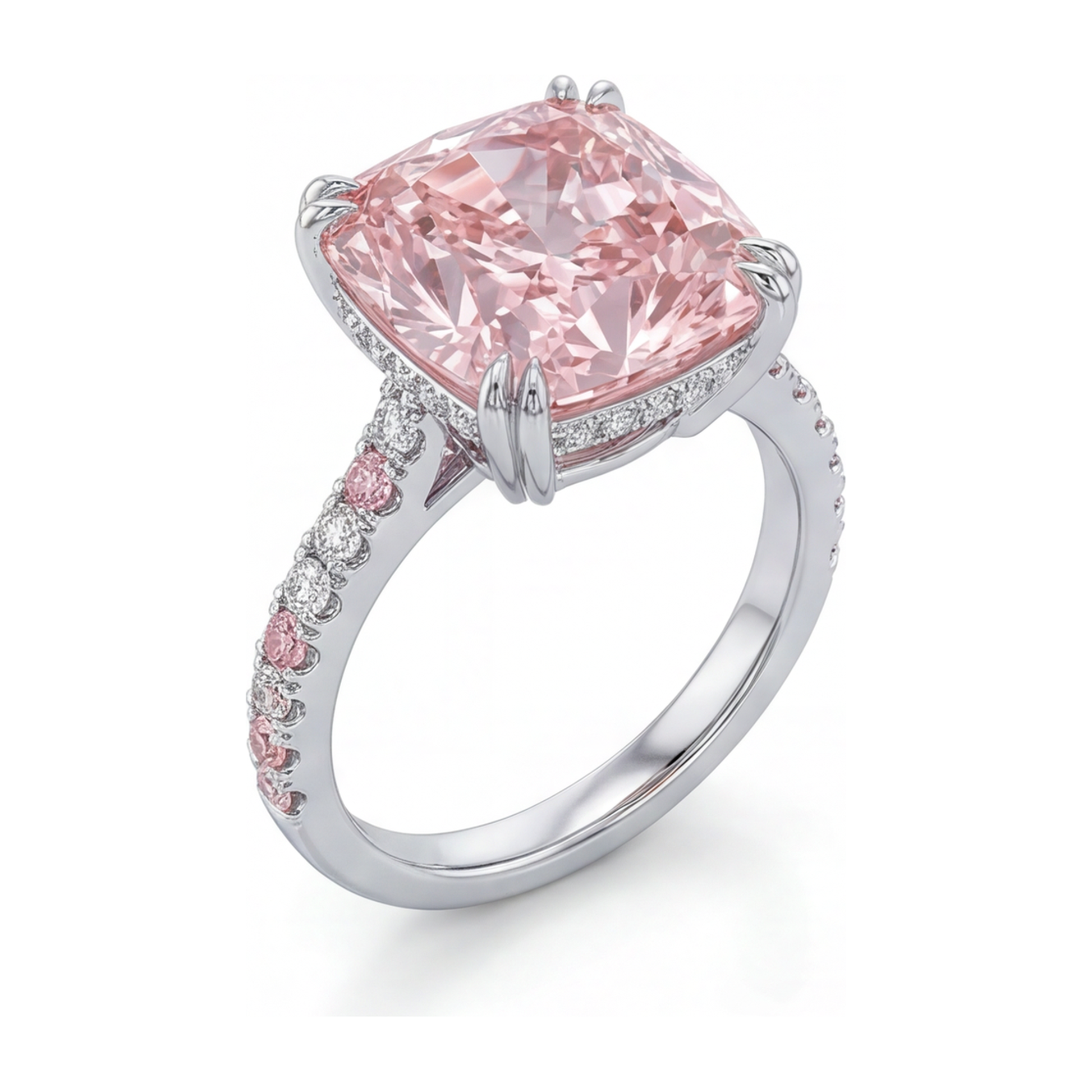 6 Carat Cushion Pink Lab Grown Diamond and White Diamond Pave Ring 14K White Gold
