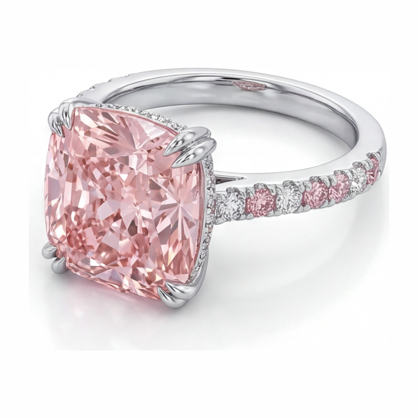 6 Carat Cushion Pink Lab Grown Diamond and White Diamond Pave Ring 14K White Gold