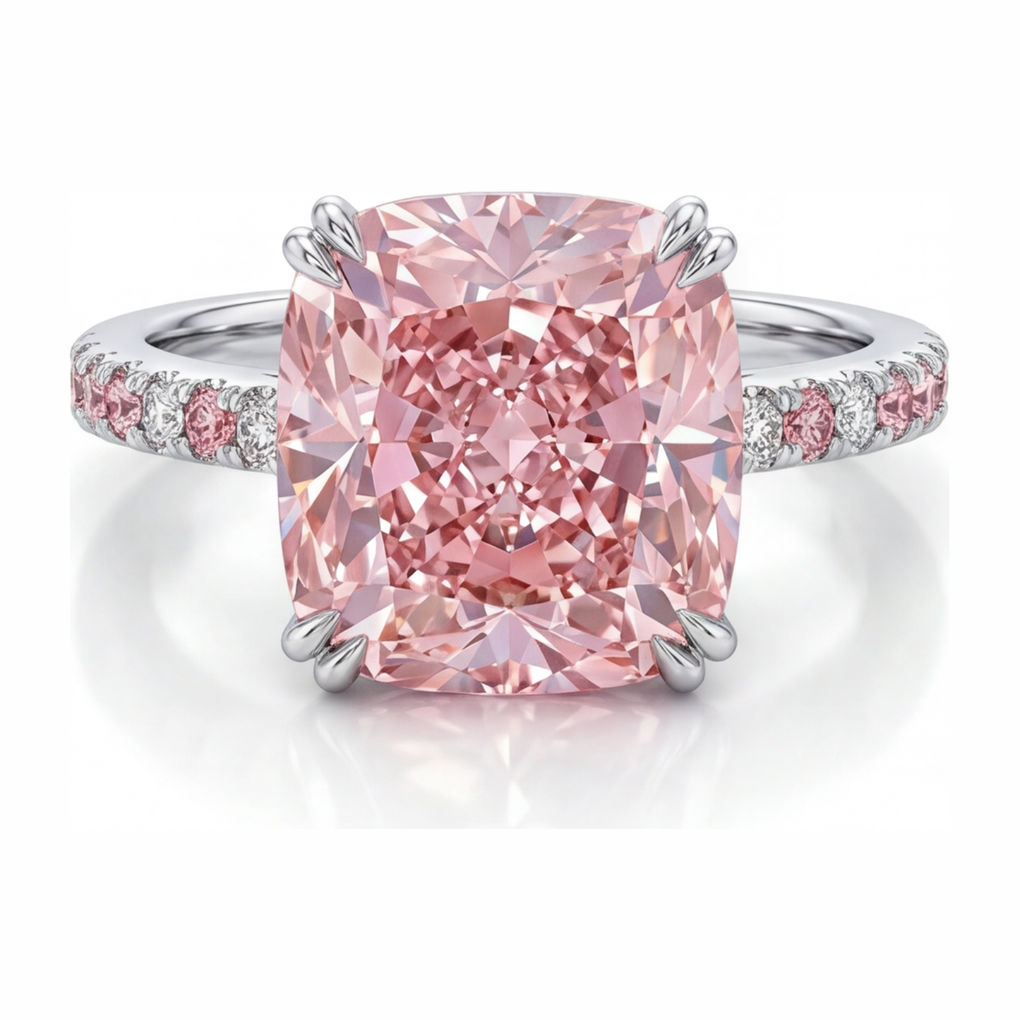 6 Carat Cushion Pink Lab Grown Diamond and White Diamond Pave Ring 14K White Gold