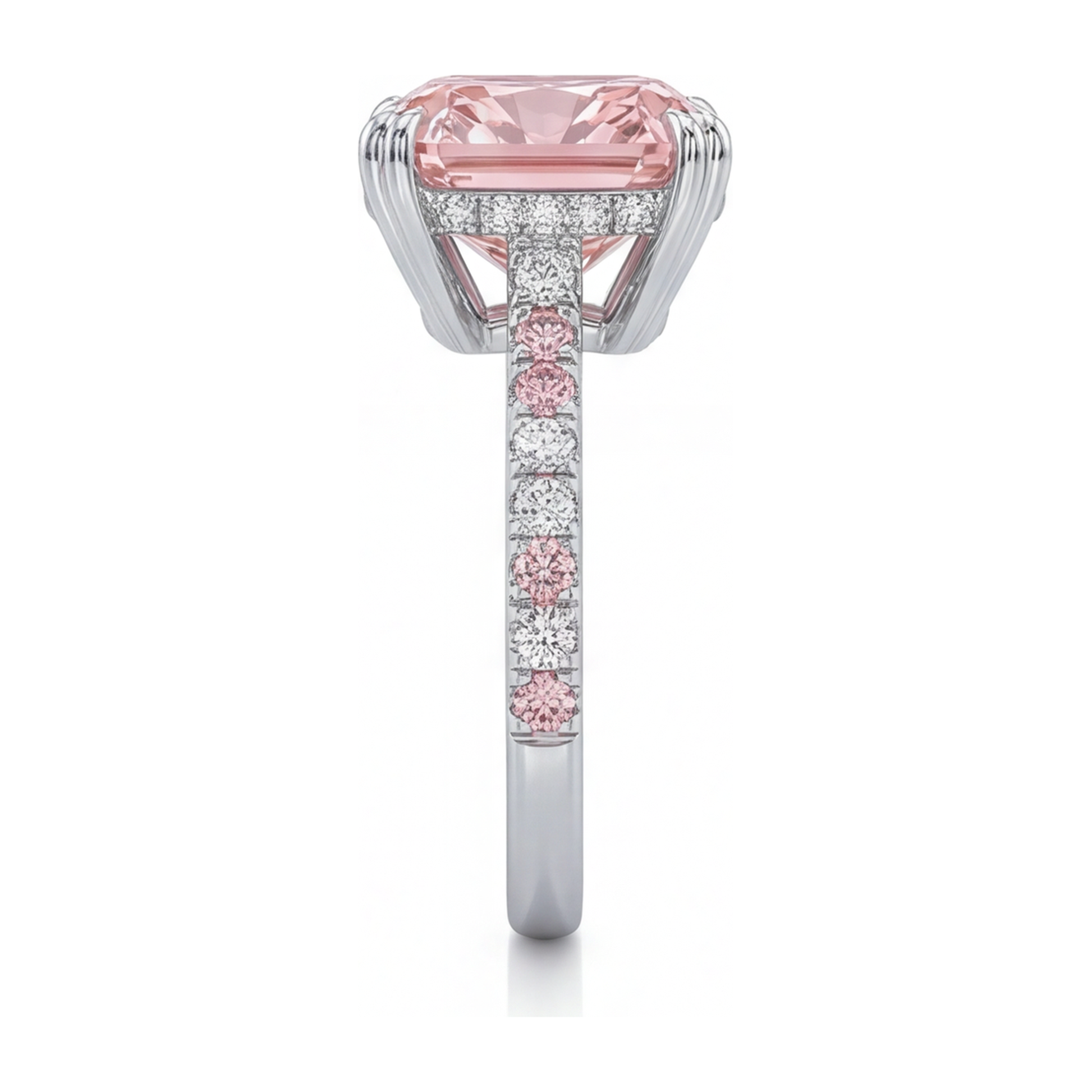 6 Carat Cushion Pink Lab Grown Diamond and White Diamond Pave Ring 14K White Gold