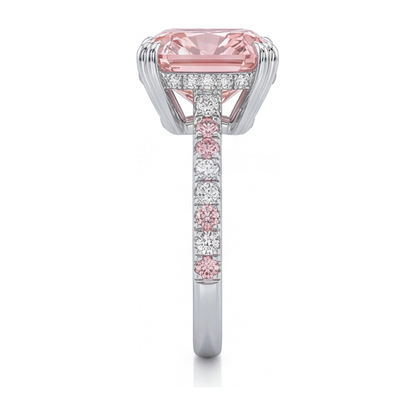 6 Carat Cushion Pink Lab Grown Diamond and White Diamond Pave Ring 14K White Gold
