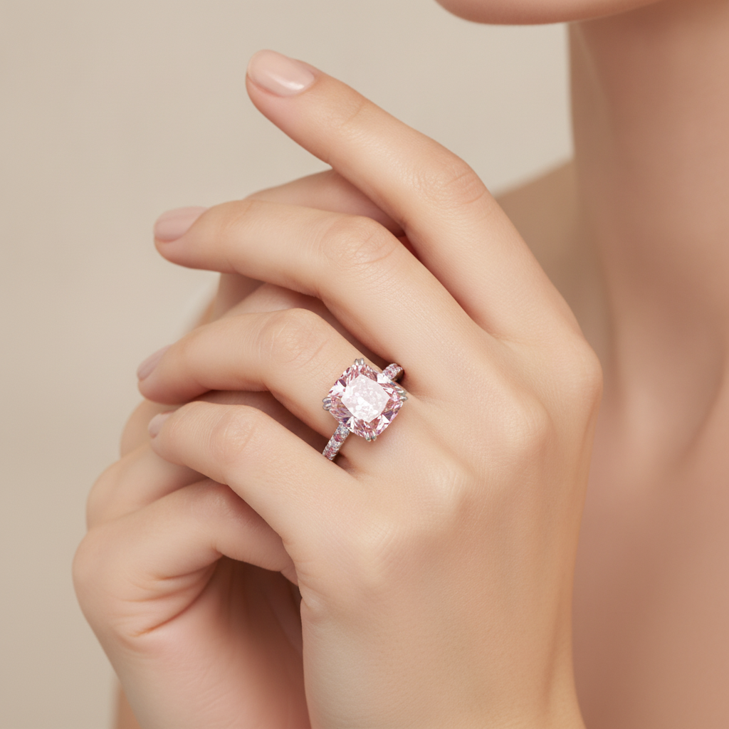 6 Carat Cushion Pink Lab Grown Diamond and White Diamond Pave Ring 14K White Gold worn
