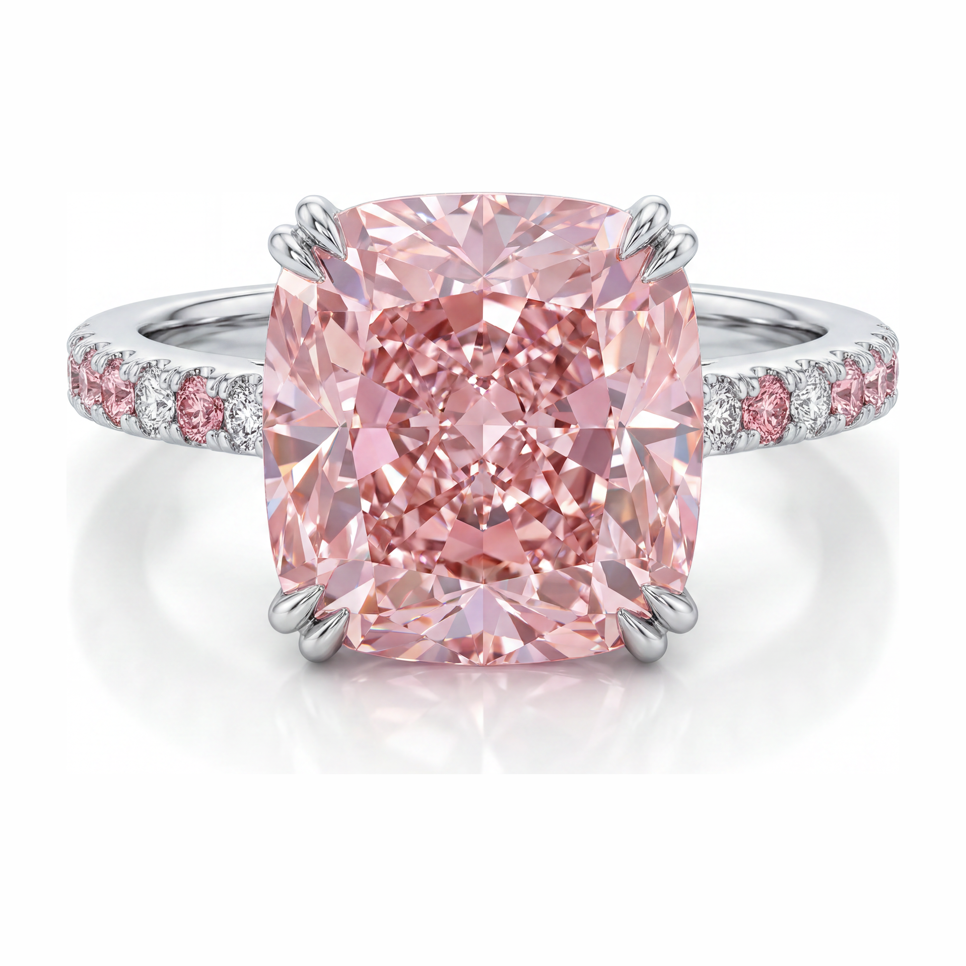 6 Carat Cushion Pink Lab Grown Diamond and White Diamond Pave Ring 14K White Gold