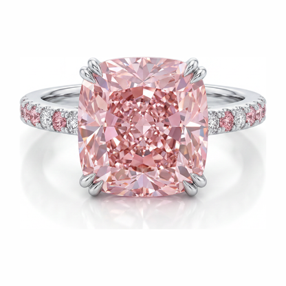 6 Carat Cushion Pink Lab Grown Diamond and White Diamond Pave Ring 14K White Gold