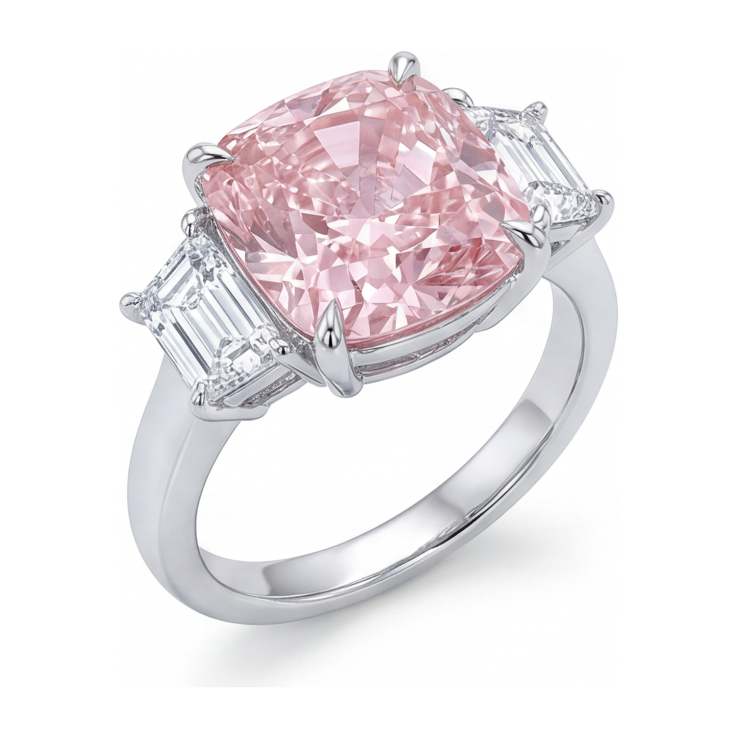 6 Carat Cushion Pink Lab Grown Diamond and White Diamond Three Stone Ring 14K White Gold