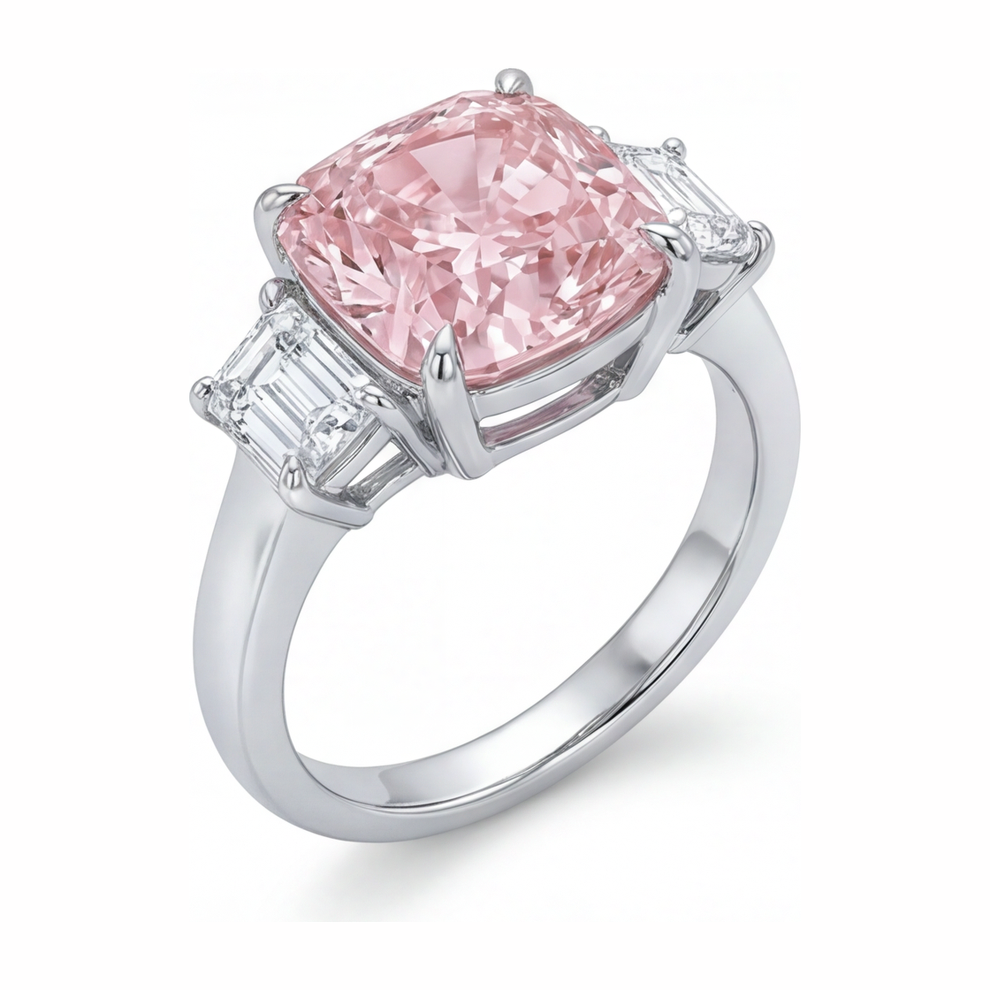 6 Carat Cushion Pink Lab Grown Diamond and White Diamond Three Stone Ring 14K White Gold