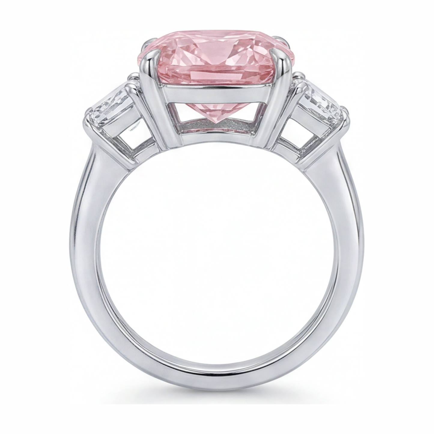 6 Carat Cushion Pink Lab Grown Diamond and White Diamond Three Stone Ring 14K White Gold