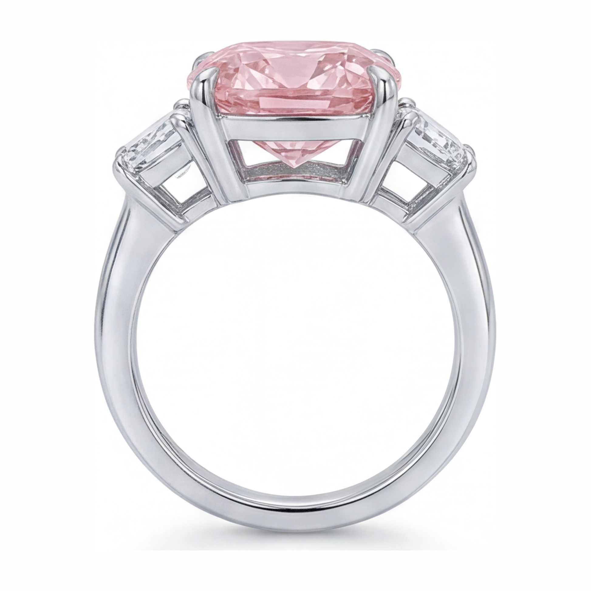 6 Carat Cushion Pink Lab Grown Diamond and White Diamond Three Stone Ring 14K White Gold