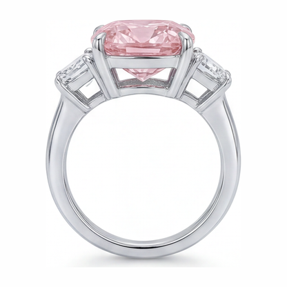 6 Carat Cushion Pink Lab Grown Diamond and White Diamond Three Stone Ring 14K White Gold