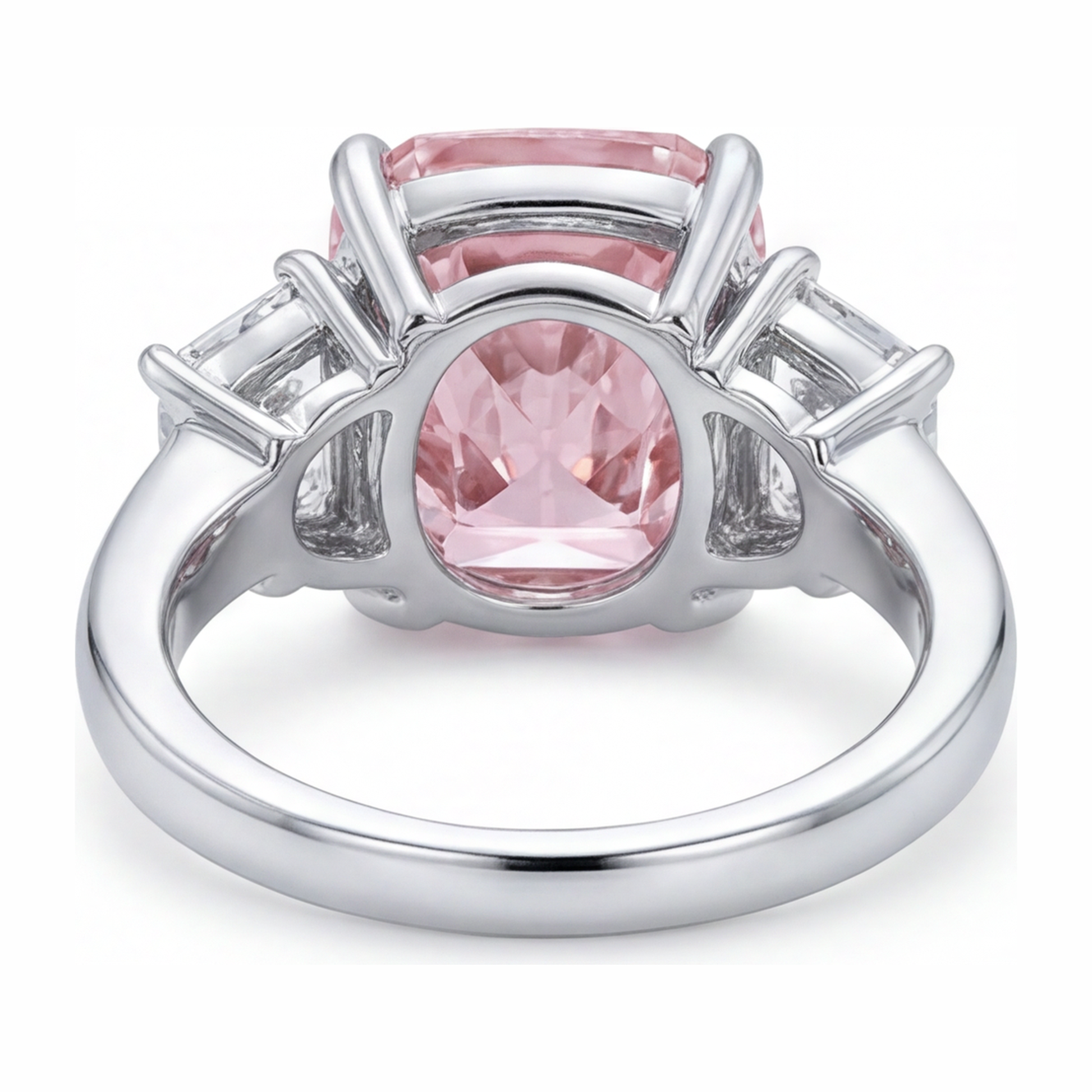 6 Carat Cushion Pink Lab Grown Diamond and White Diamond Three Stone Ring 14K White Gold