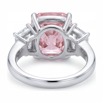 6 Carat Cushion Pink Lab Grown Diamond and White Diamond Three Stone Ring 14K White Gold