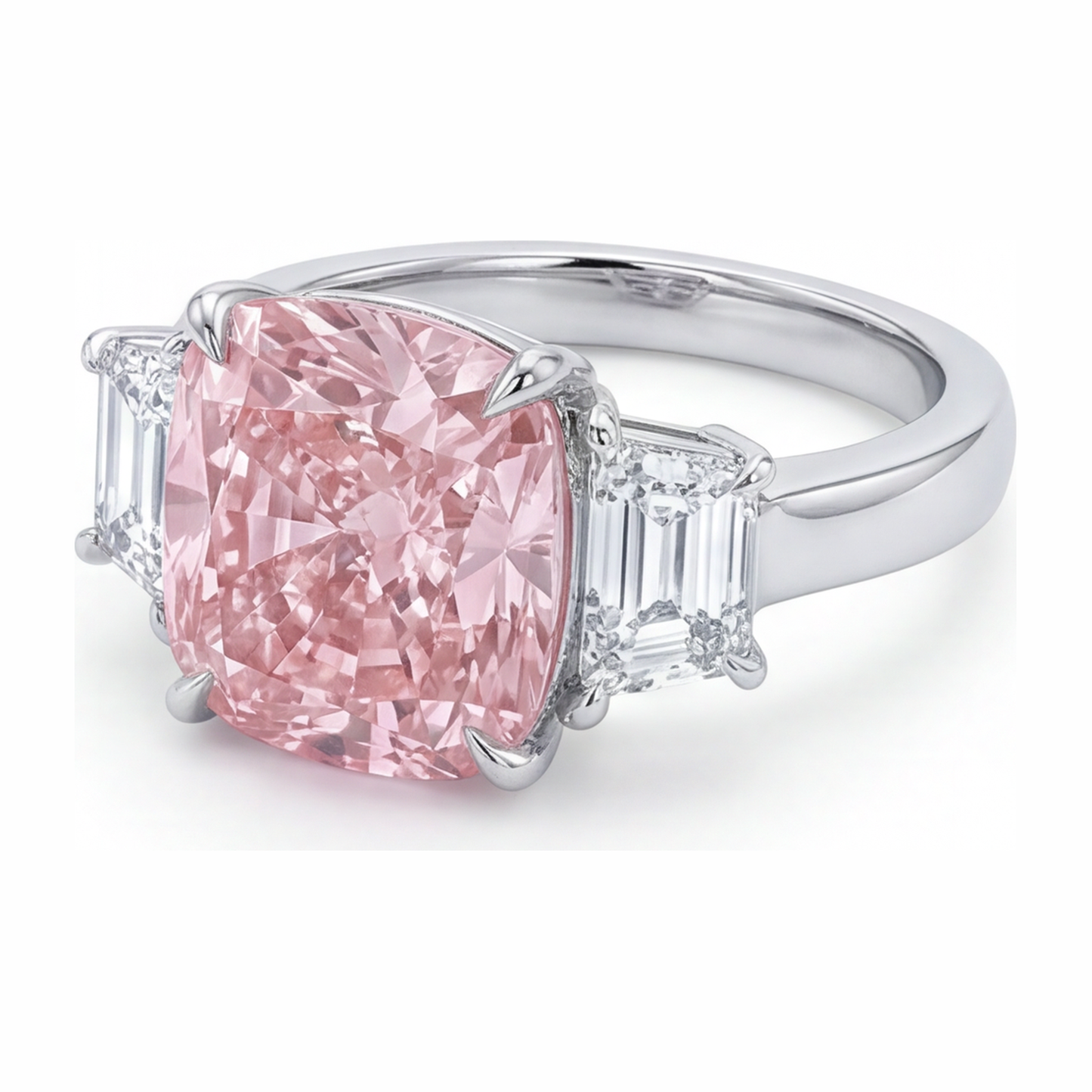 6 Carat Cushion Pink Lab Grown Diamond and White Diamond Three Stone Ring 14K White Gold