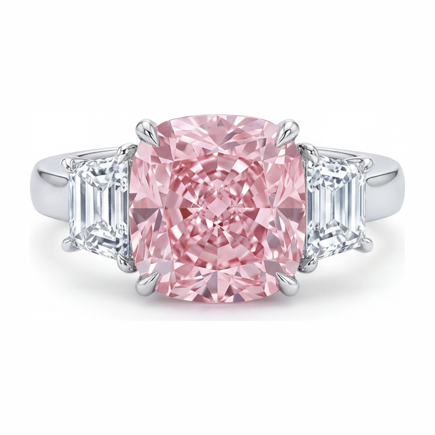 6 Carat Cushion Pink Lab Grown Diamond and White Diamond Three Stone Ring 14K White Gold