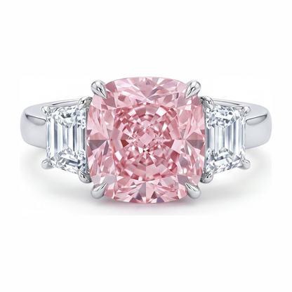 6 Carat Cushion Pink Lab Grown Diamond and White Diamond Three Stone Ring 14K White Gold