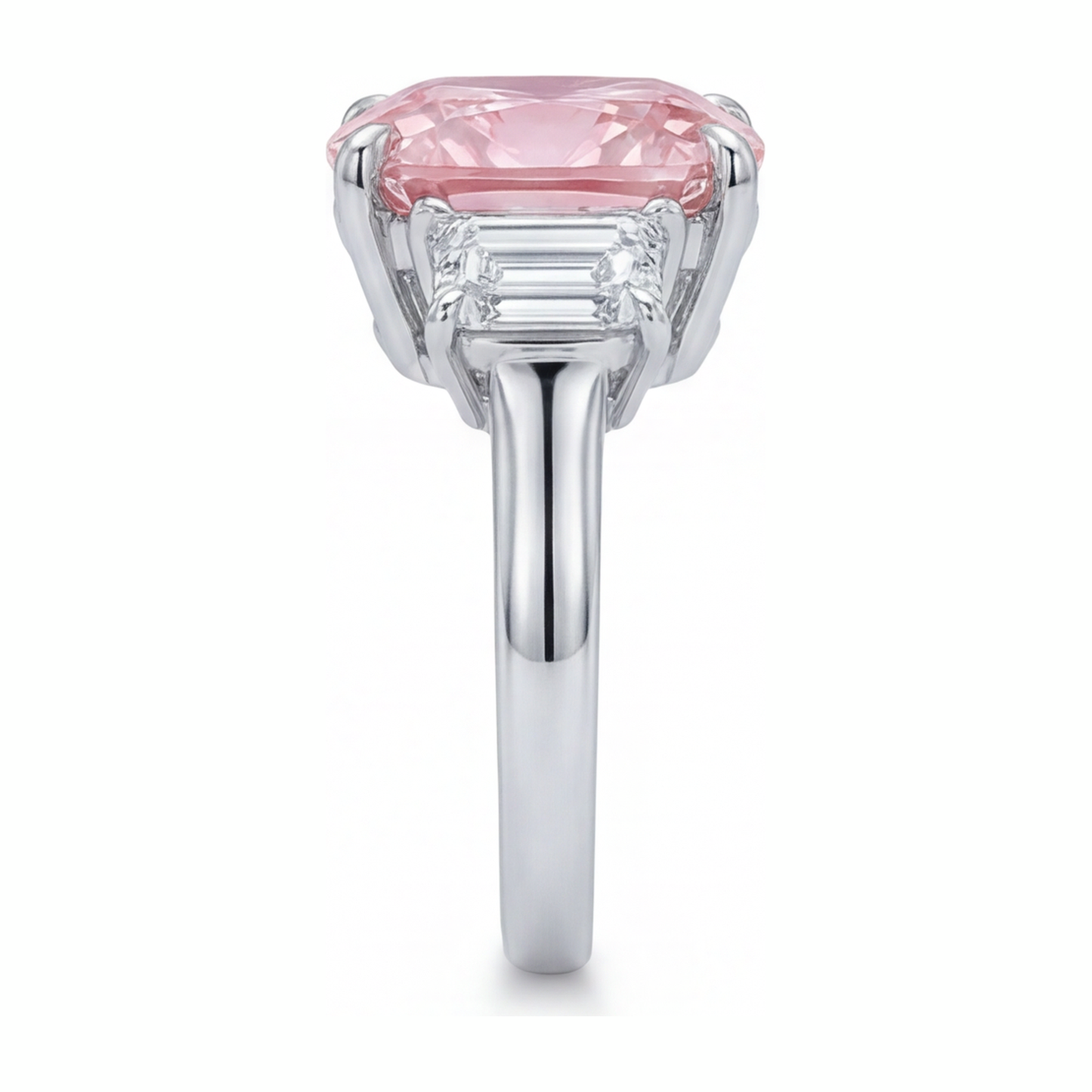 6 Carat Cushion Pink Lab Grown Diamond and White Diamond Three Stone Ring 14K White Gold