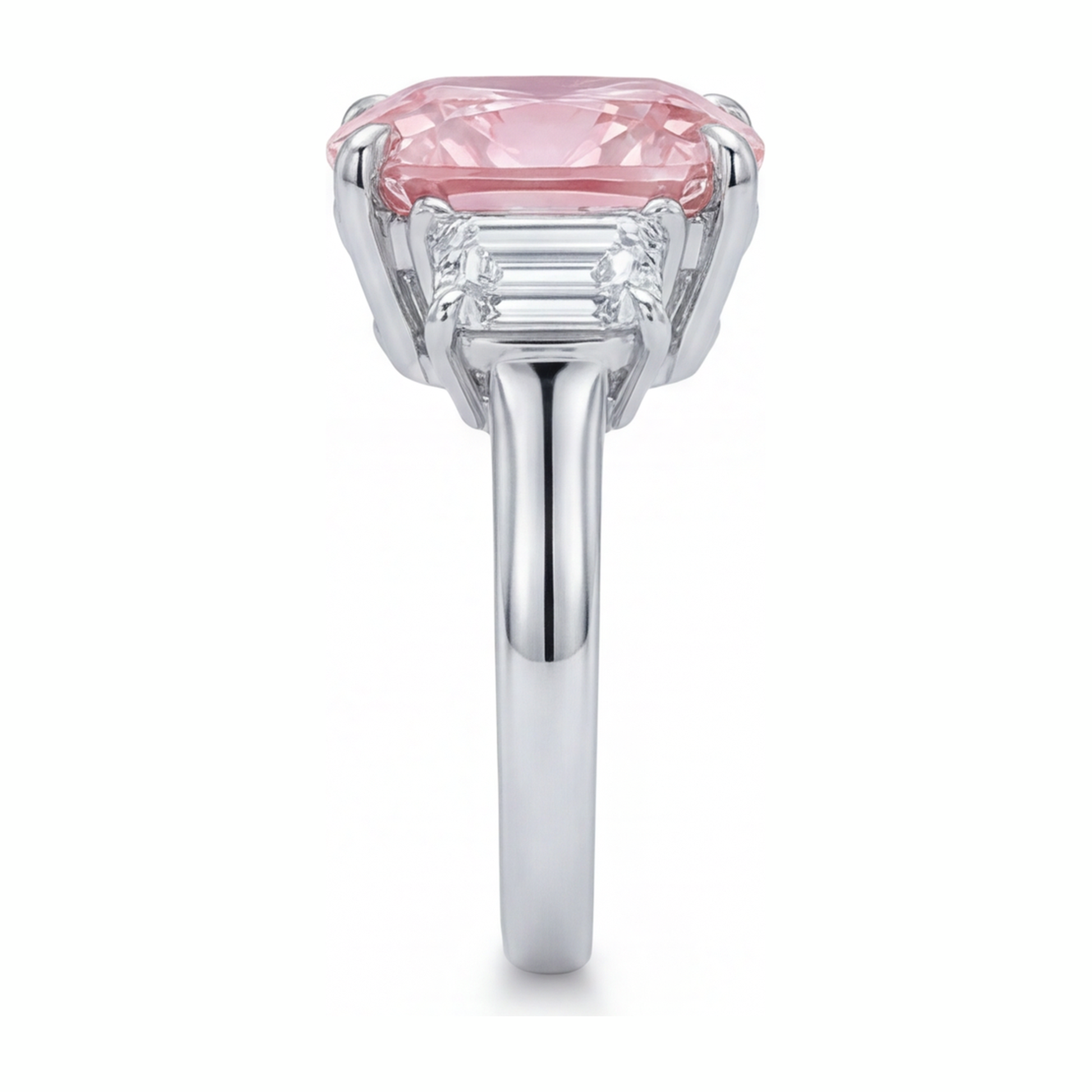 6 Carat Cushion Pink Lab Grown Diamond and White Diamond Three Stone Ring 14K White Gold