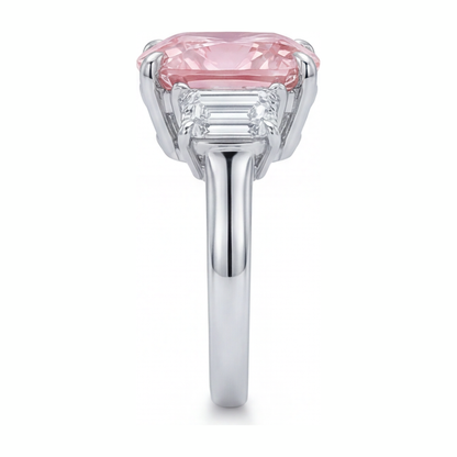 6 Carat Cushion Pink Lab Grown Diamond and White Diamond Three Stone Ring 14K White Gold