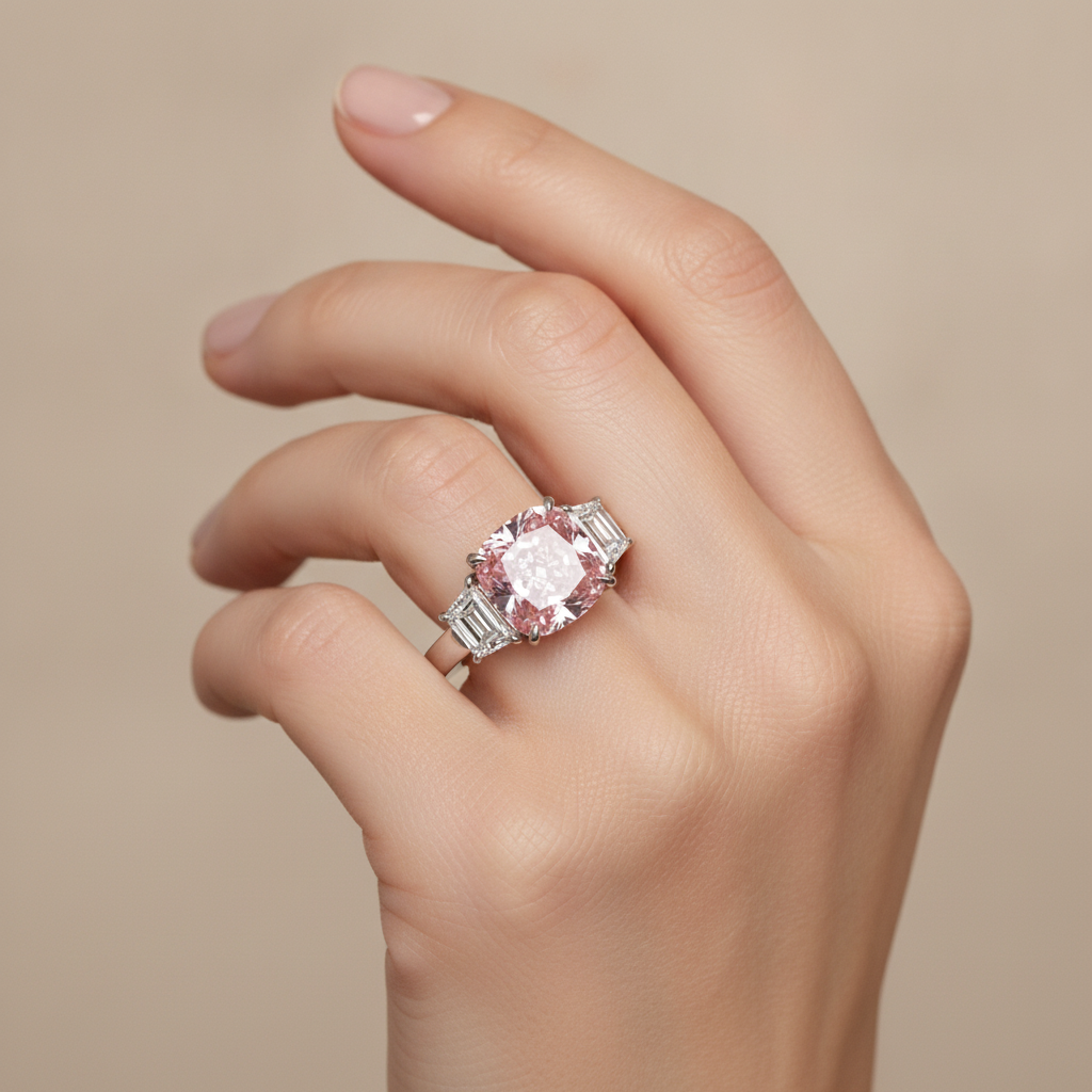 6 Carat Cushion Pink Lab Grown Diamond and White Diamond Three Stone Ring 14K White Gold worn