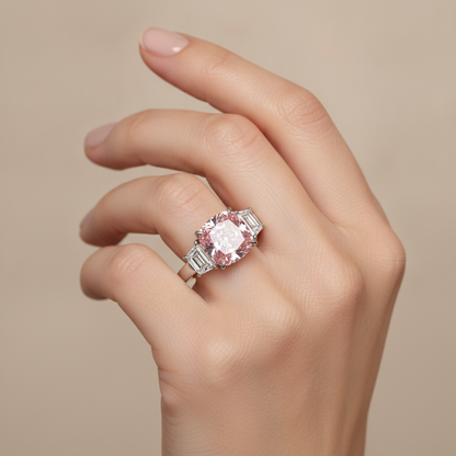 6 Carat Cushion Pink Lab Grown Diamond and White Diamond Three Stone Ring 14K White Gold worn