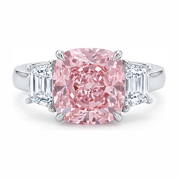 6 Carat Cushion Pink Lab Grown Diamond and White Diamond Three Stone Ring 14K White Gold