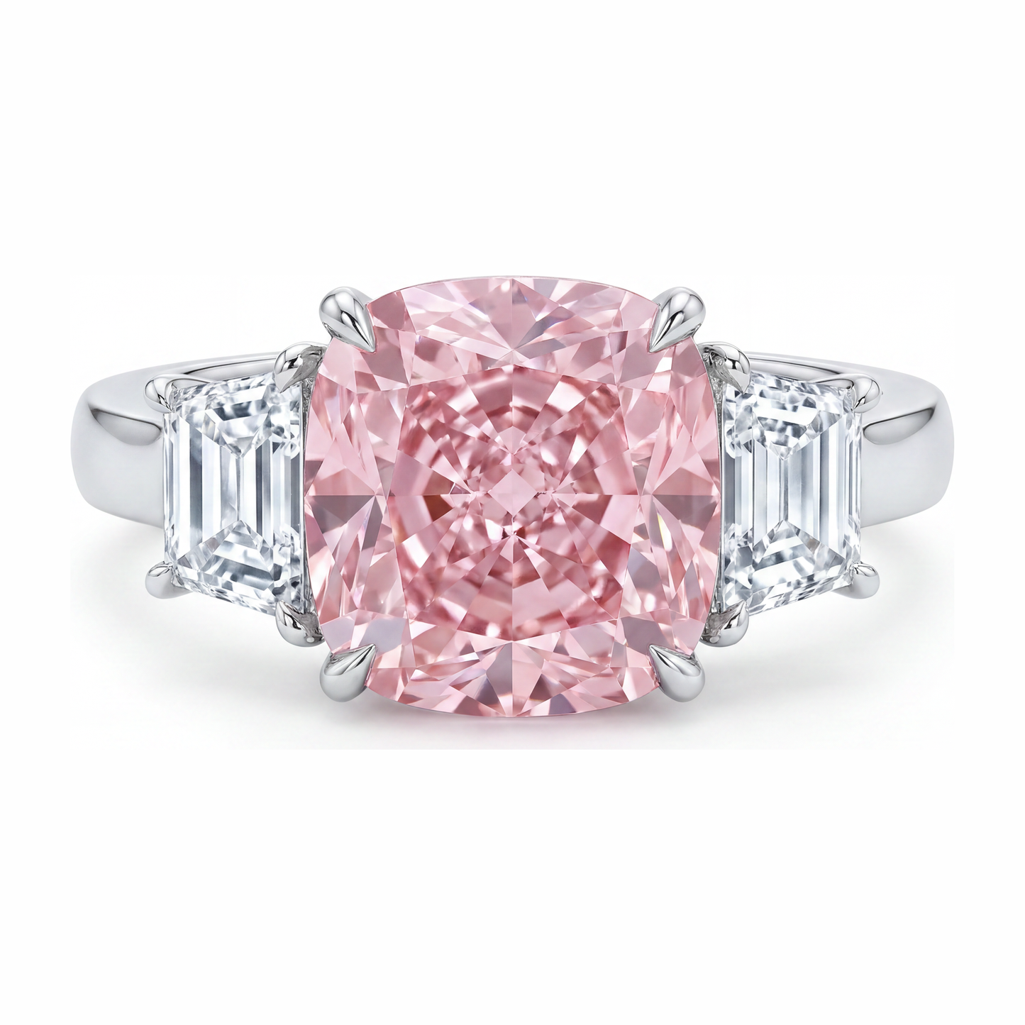 6 Carat Cushion Pink Lab Grown Diamond and White Diamond Three Stone Ring 14K White Gold