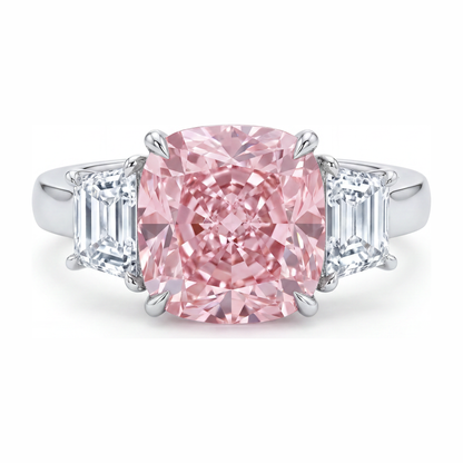 6 Carat Cushion Pink Lab Grown Diamond and White Diamond Three Stone Ring 14K White Gold