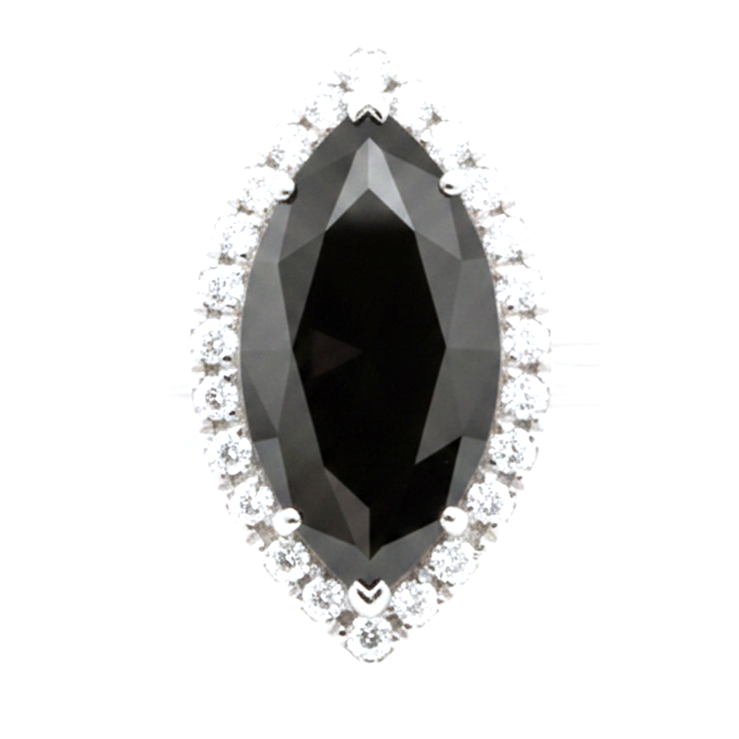 2 Carat Marquise Black Diamond and White Diamond Halo Ring Natural 14K White Gold
