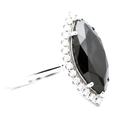 2 Carat Marquise Black Diamond and White Diamond Halo Ring Natural 14K White Gold
