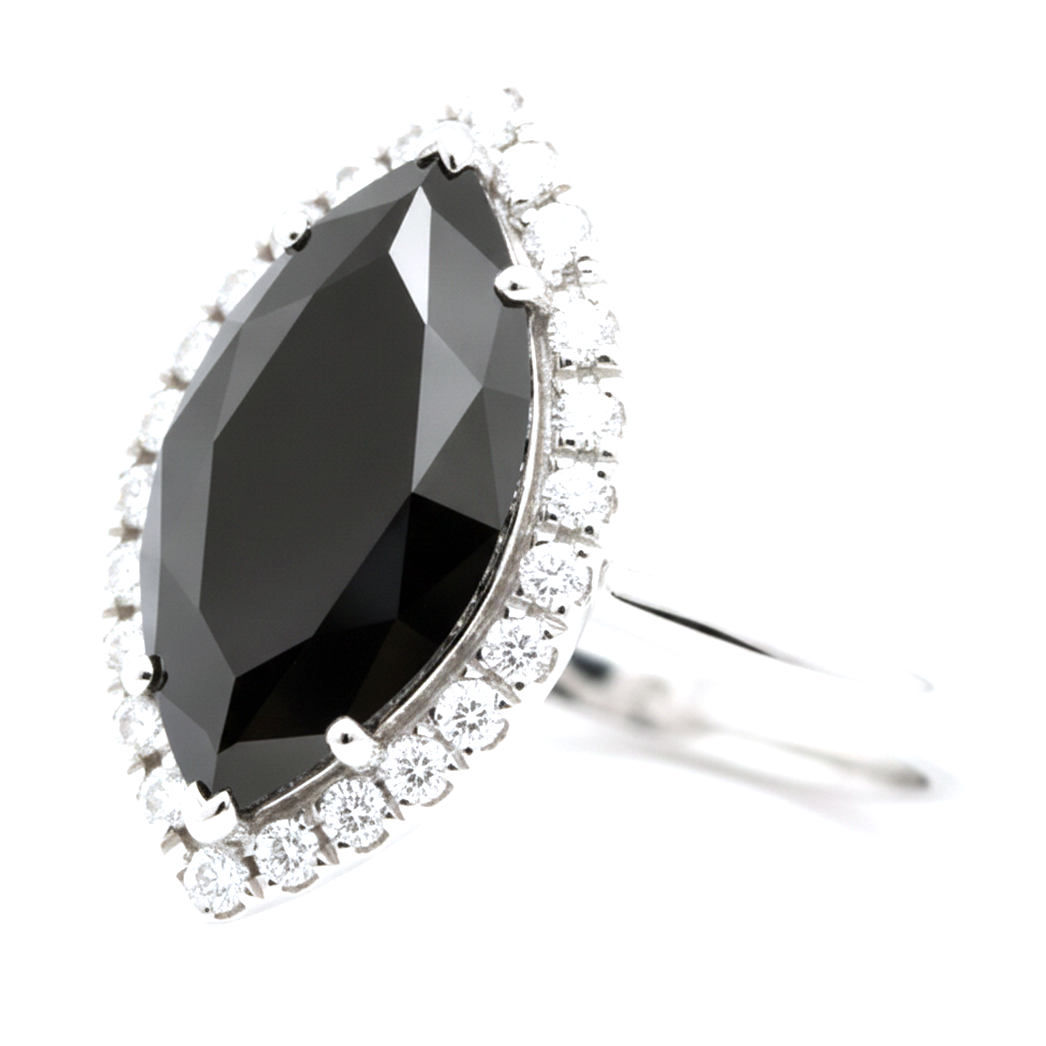 2 Carat Marquise Black Diamond and White Diamond Halo Ring Natural 14K White Gold