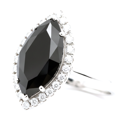 2 Carat Marquise Black Diamond and White Diamond Halo Ring Natural 14K White Gold