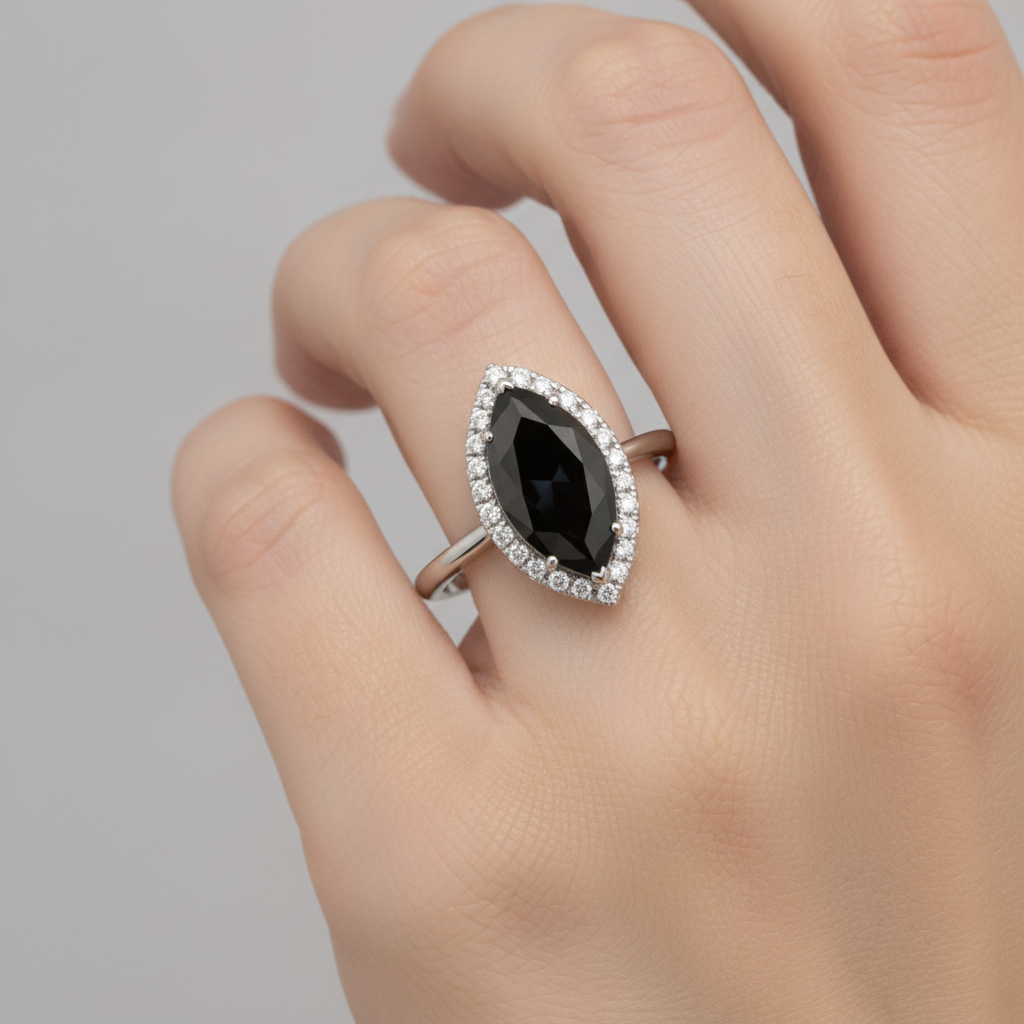 2 Carat Marquise Black Diamond and White Diamond Halo Ring Natural 14K White Gold