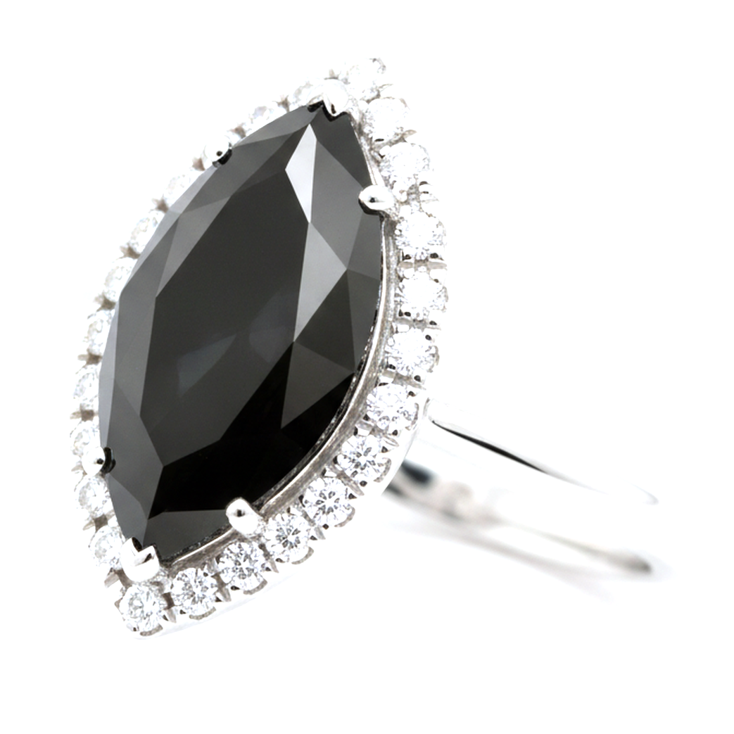 2 Carat Marquise Black Diamond and White Diamond Halo Ring Natural 14K White Gold