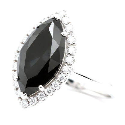 2 Carat Marquise Black Diamond and White Diamond Halo Ring Natural 14K White Gold