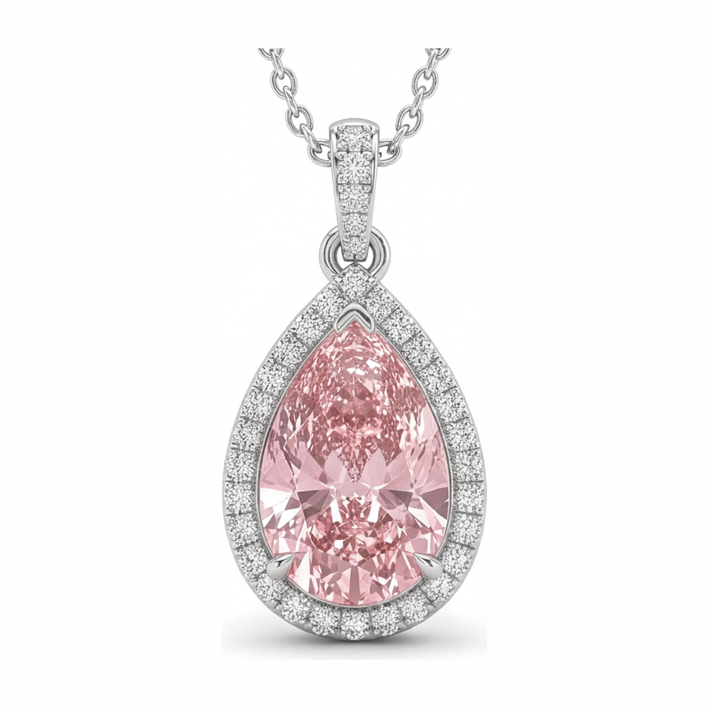 6 Carat Pear Pink Lab Grown Diamond and White Diamond Halo Pendant 14K White Gold