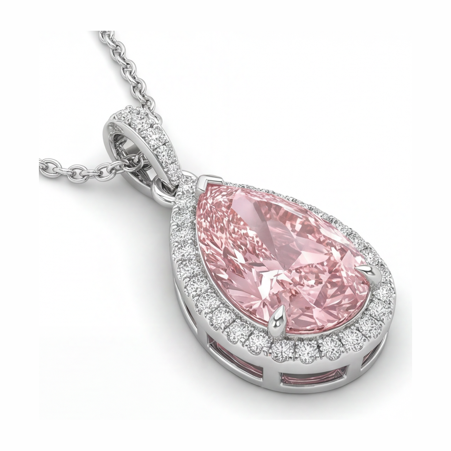 6 Carat Pear Pink Lab Grown Diamond and White Diamond Halo Pendant 14K White Gold