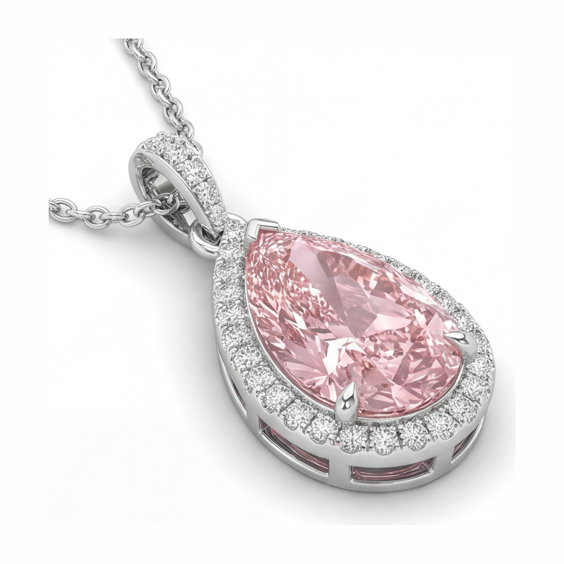 6 Carat Pear Pink Lab Grown Diamond and White Diamond Halo Pendant 14K White Gold