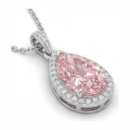 6 Carat Pear Pink Lab Grown Diamond and White Diamond Halo Pendant 14K White Gold