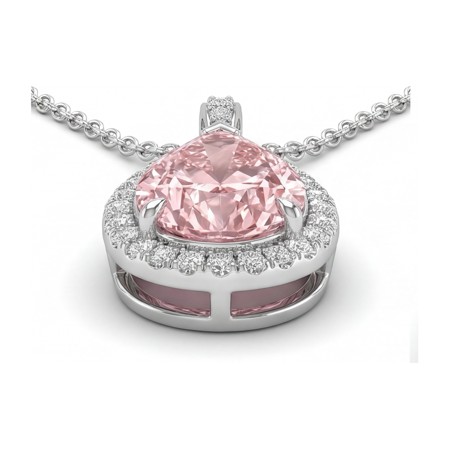 6 Carat Pear Pink Lab Grown Diamond and White Diamond Halo Pendant 14K White Gold