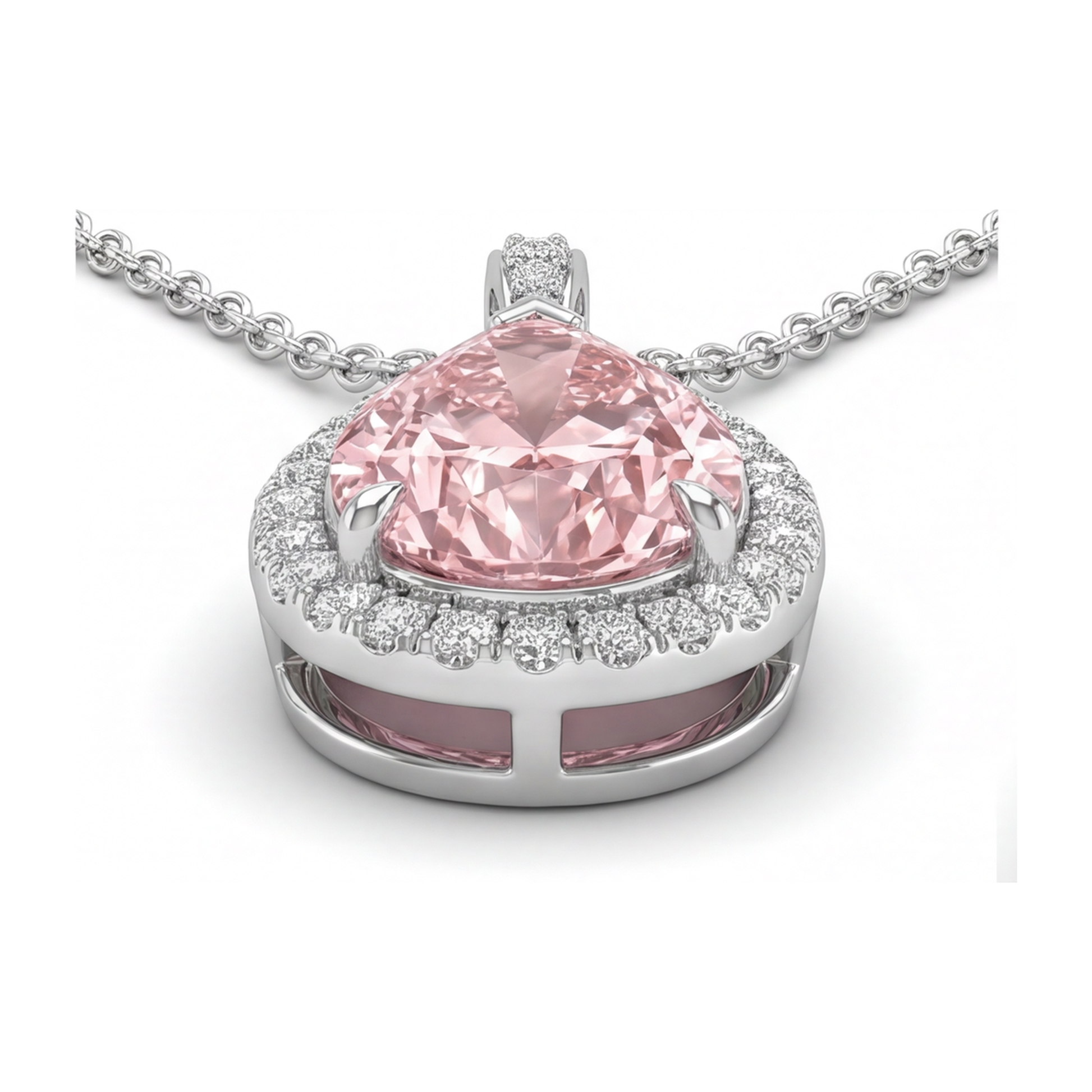 6 Carat Pear Pink Lab Grown Diamond and White Diamond Halo Pendant 14K White Gold