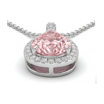 6 Carat Pear Pink Lab Grown Diamond and White Diamond Halo Pendant 14K White Gold