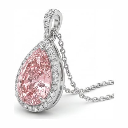 6 Carat Pear Pink Lab Grown Diamond and White Diamond Halo Pendant 14K White Gold